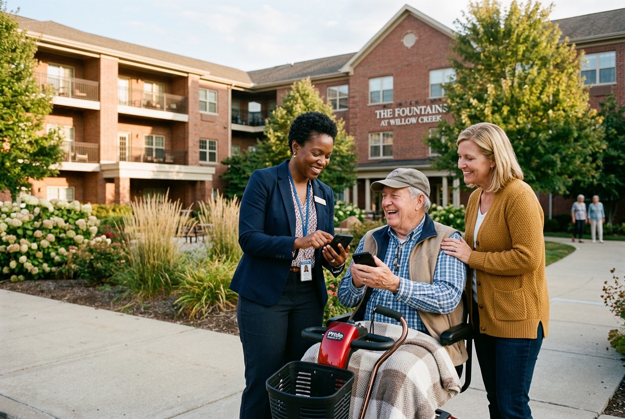 A home care marketer exchanging phone numbers with a smiling older man on a mobility scooter and his daughter outside a senior apartment community