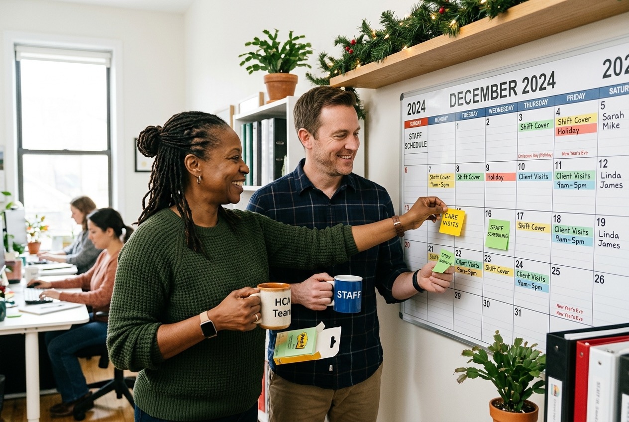 An office team placing sticky notes on a December wall calendar while planning holiday coverage