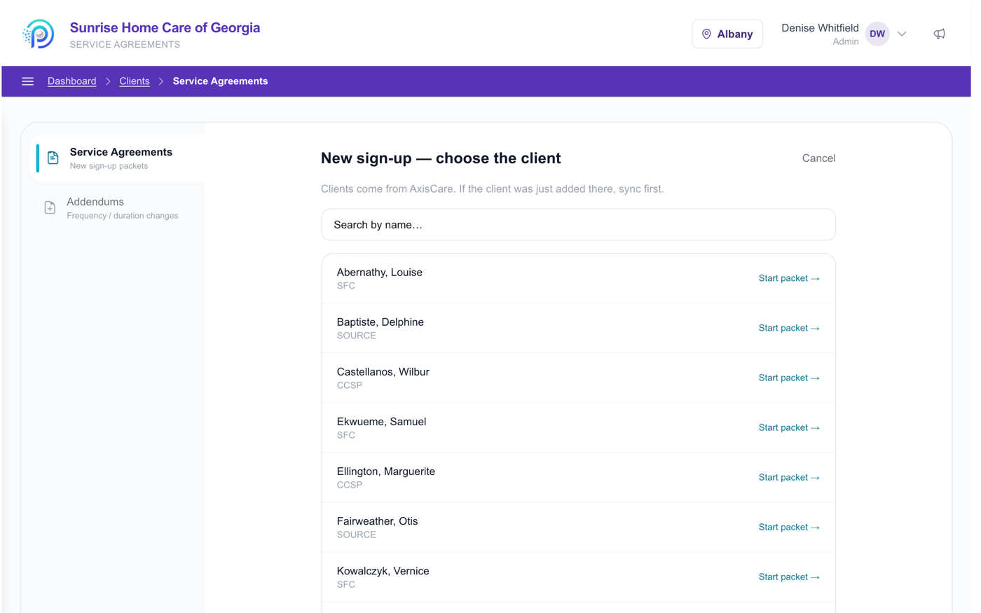 Starting a new e-signed client sign-up packet