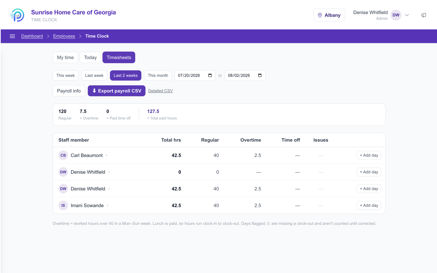Time clock and timesheets view